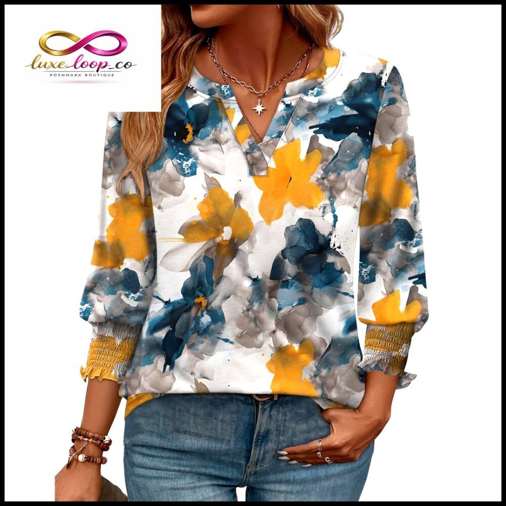 3/4 Sleeve Button Down Blouse V Neck Elastic Cuffs Business Casual